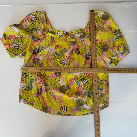 Loft Linen Artsy Yellow Floral Puff Sleeve Top Large Square Neck Boho Vacation - Picture 6 of 13